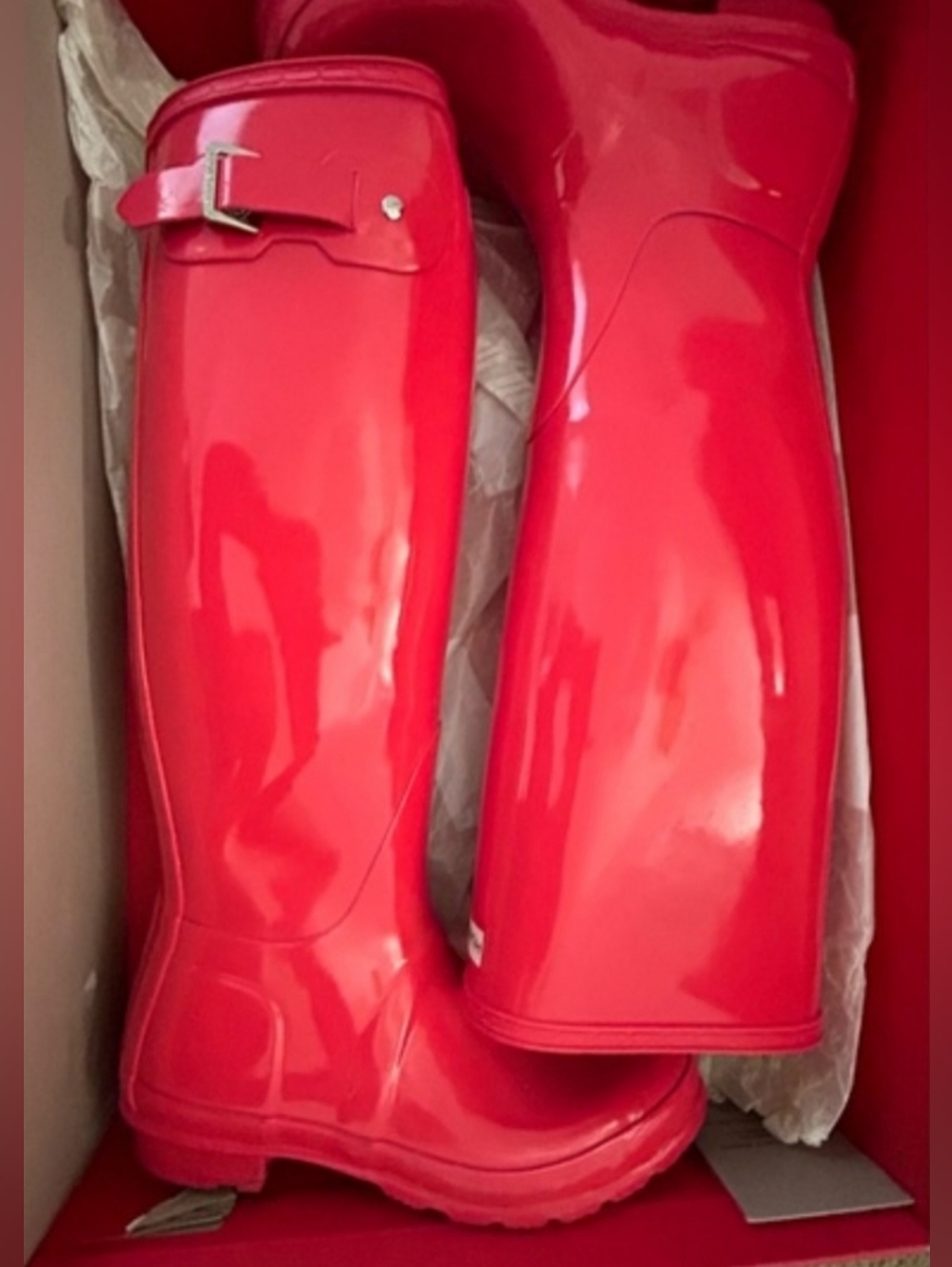 Hunter Bright Coral Glossy Tall Rain Boots with Buckle Size 8